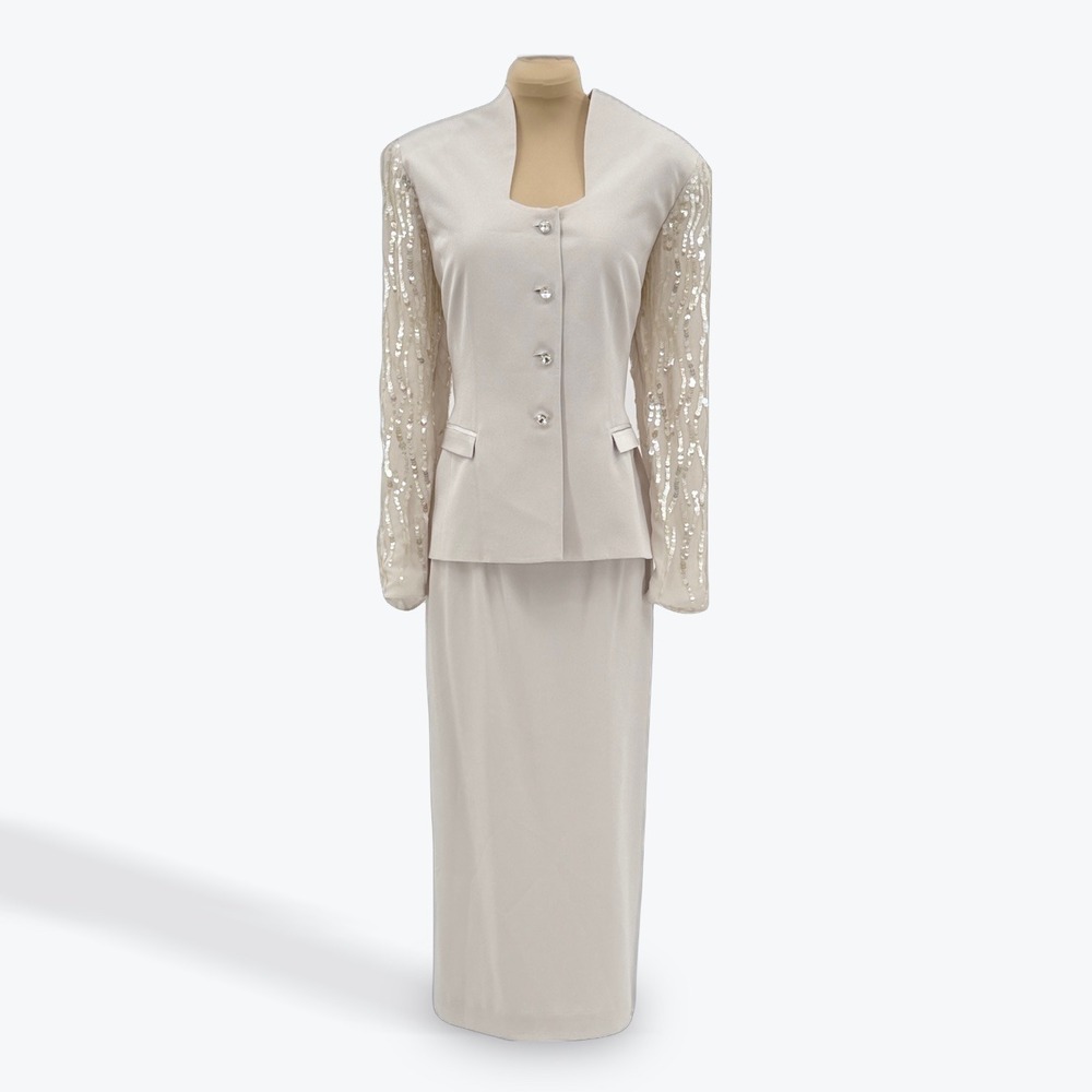 Daymor Couture Skirt Suit Set Sequin Sleeve‎ Rhinestone Buttons Formal